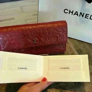 Chanel Camellia Coco Mark Lambskin Bifold Long Wallet